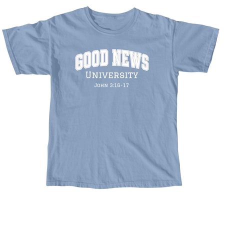 Good News University Crew & Hoodie, a Washed Denim Comfort Colors Unisex Tee