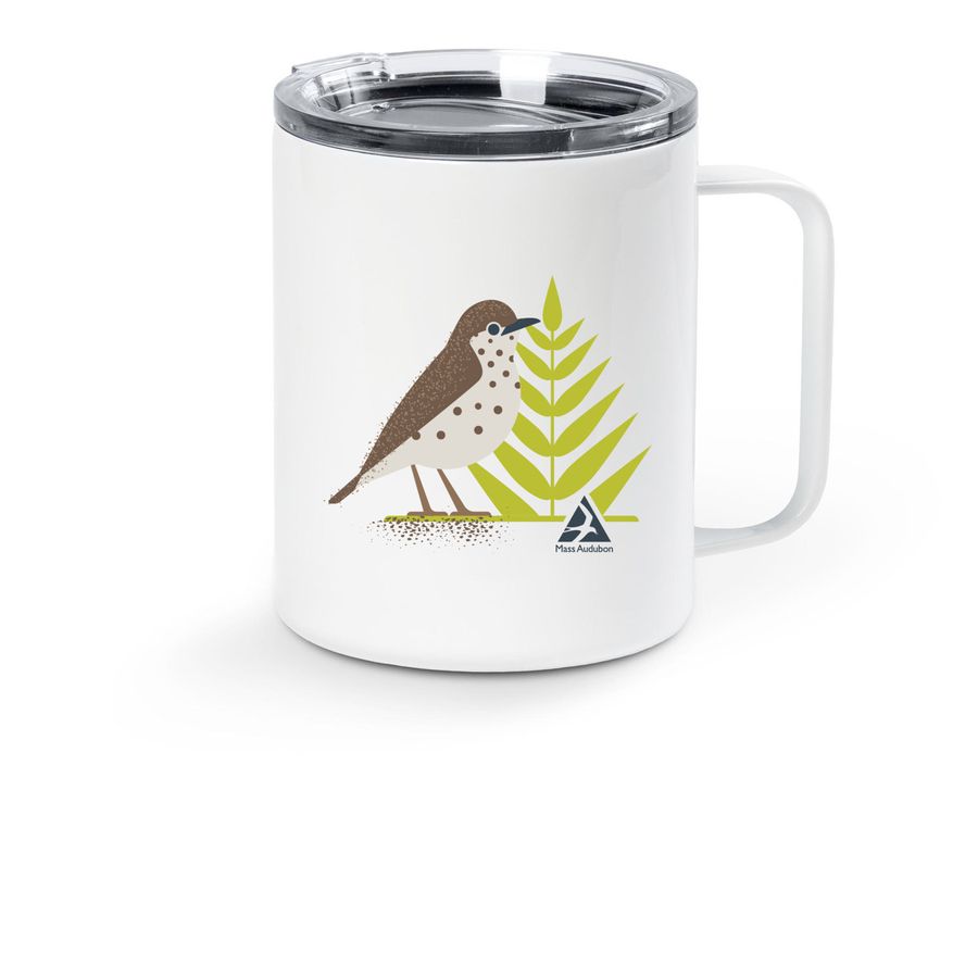 Go Wild for Wood Thrush, a White Stainless Steel Travel Mug