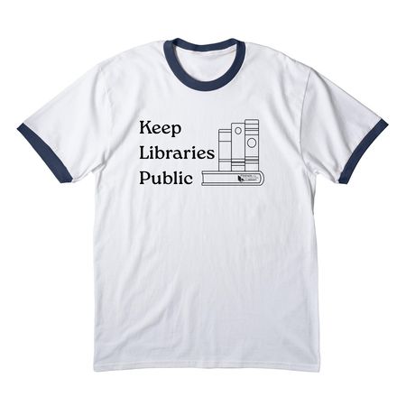 Keep Libraries Public, a White/ Navy Cotton Ringer Tee