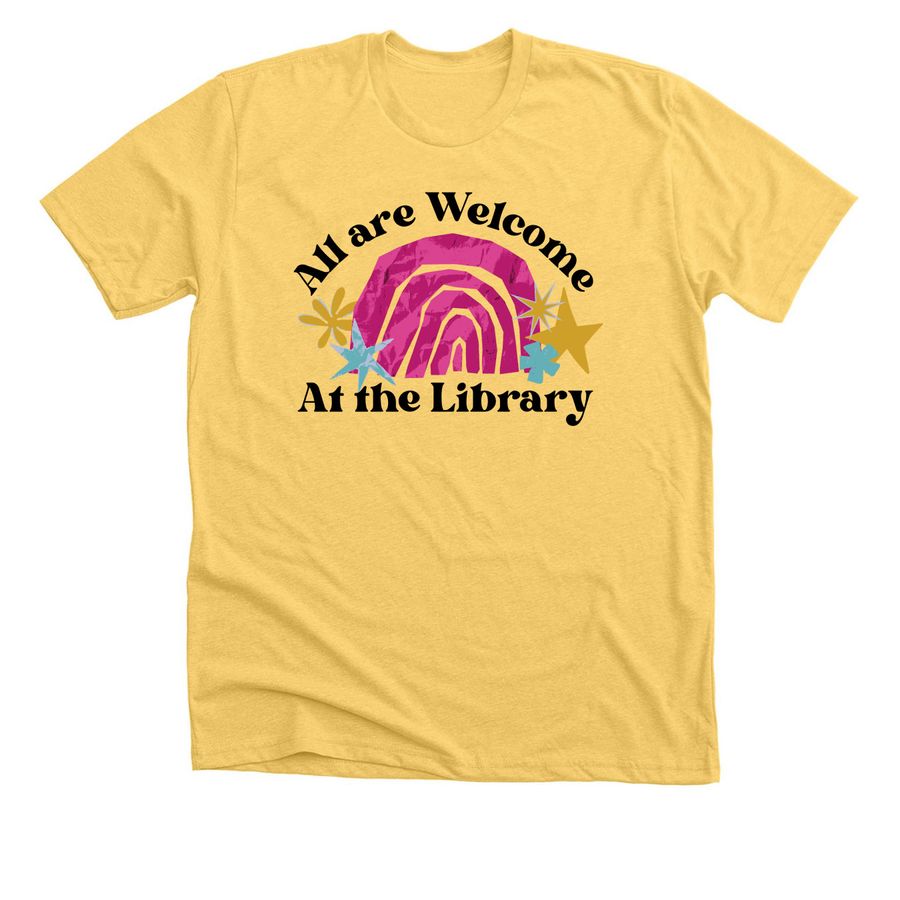All are Welcome At the Library, a Heather Yellow Gold Premium Unisex Tee