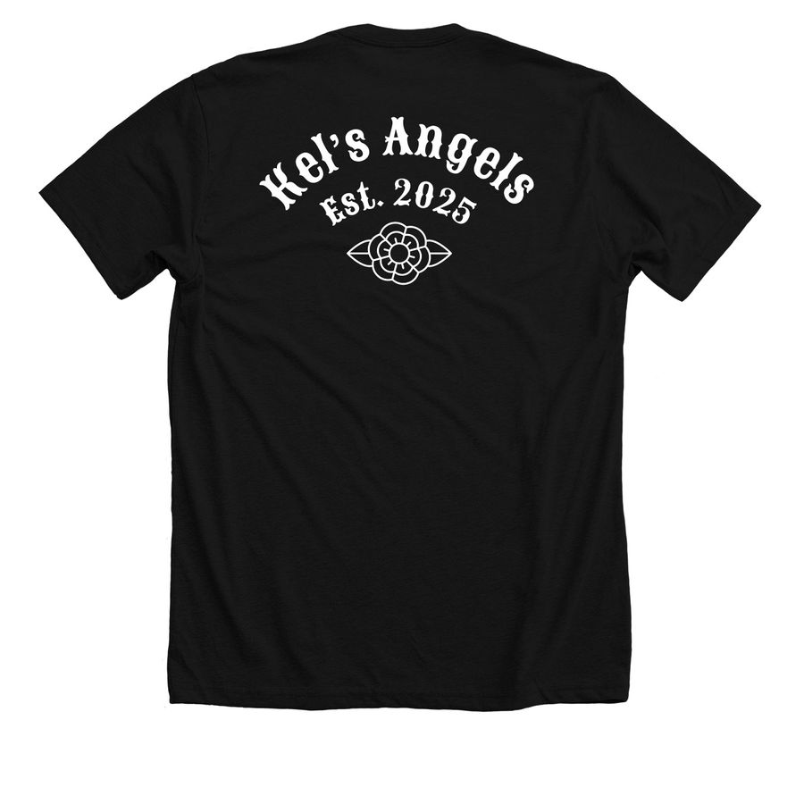 ?Kel?s Angels?, a Solid Black Blend Premium Unisex Tee (back-view)