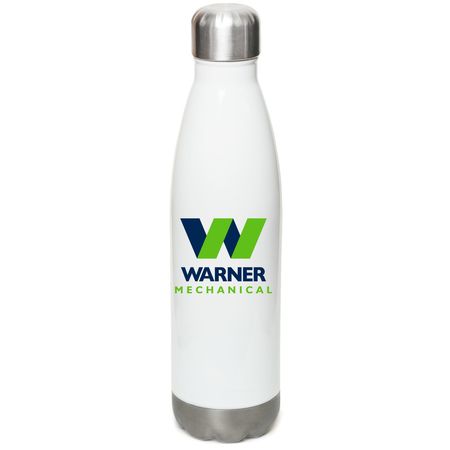 Warner Mechanical Drinkware, a White Stainless Steel Water Bottle (back-view)