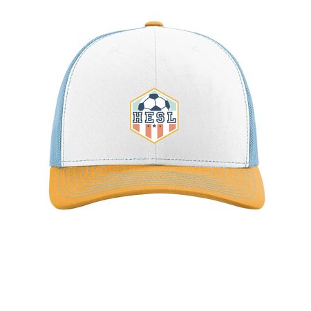 HESL Hat, a White/ Columbia Blue/ Yellow Printed Snapback Trucker Cap