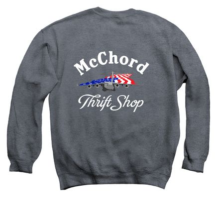 Volunteer sweatshirt - White text, a Dark Heather Crewneck Sweatshirt (back-view)