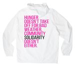 Community Solidarity Rain Jacket, a White Packable Anorak (back-view)