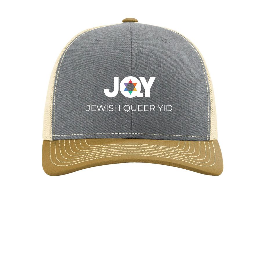 Jewish Queer Yid Hat, a Heather Grey/ Birch/ Amber Gold Printed Snapback Trucker Cap