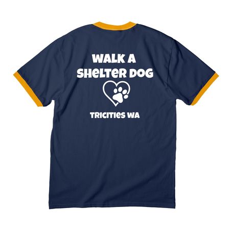 This is My Dog Walking Shirt, a Navy/ Gold Cotton Ringer Tee (back-view)