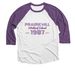 Retro Baseball 1987, a Purple Rush and Heather White 3/4 Sleeve Baseball Tee