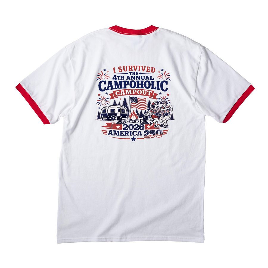 4th Annual Campoholic Campout, a White/ Red Cotton Ringer Tee (back-view)