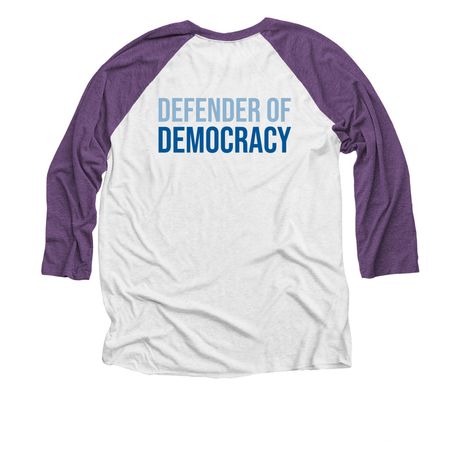 Defender of Democracy Tee, a Purple Rush and Heather White 3/4 Sleeve Baseball Tee (back-view)