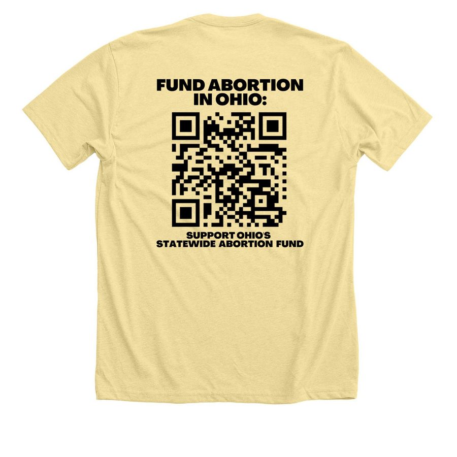 Abortion is Mutual Aid | We Take Care of Us, a Heather French Vanilla Premium Unisex Tee (back-view)