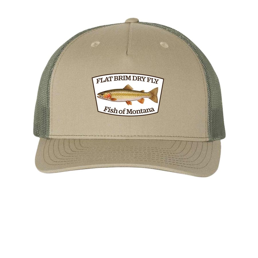 Fish of Montana - Cutthroat, a Pale Khaki/ Loden Green Printed Five-Panel Trucker Cap