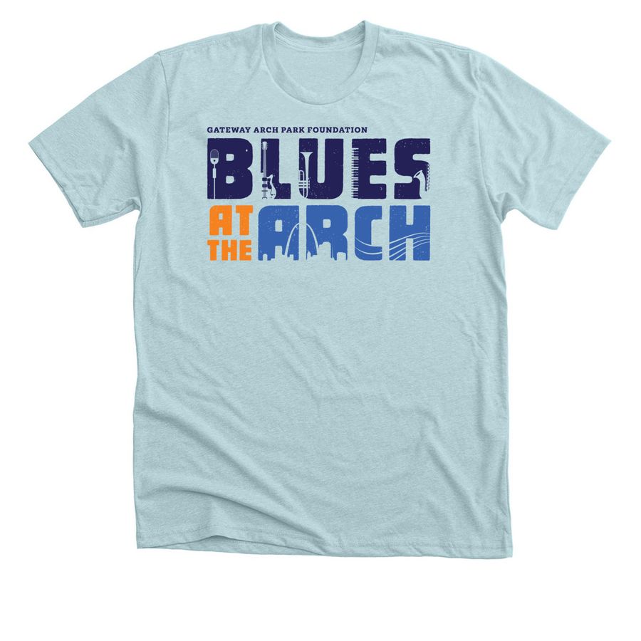 Blues at the Arch Festival, a Heather Ice Blue Premium Unisex Tee