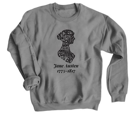 Jane Austen Calligram Dates, a Charcoal Crewneck Sweatshirt