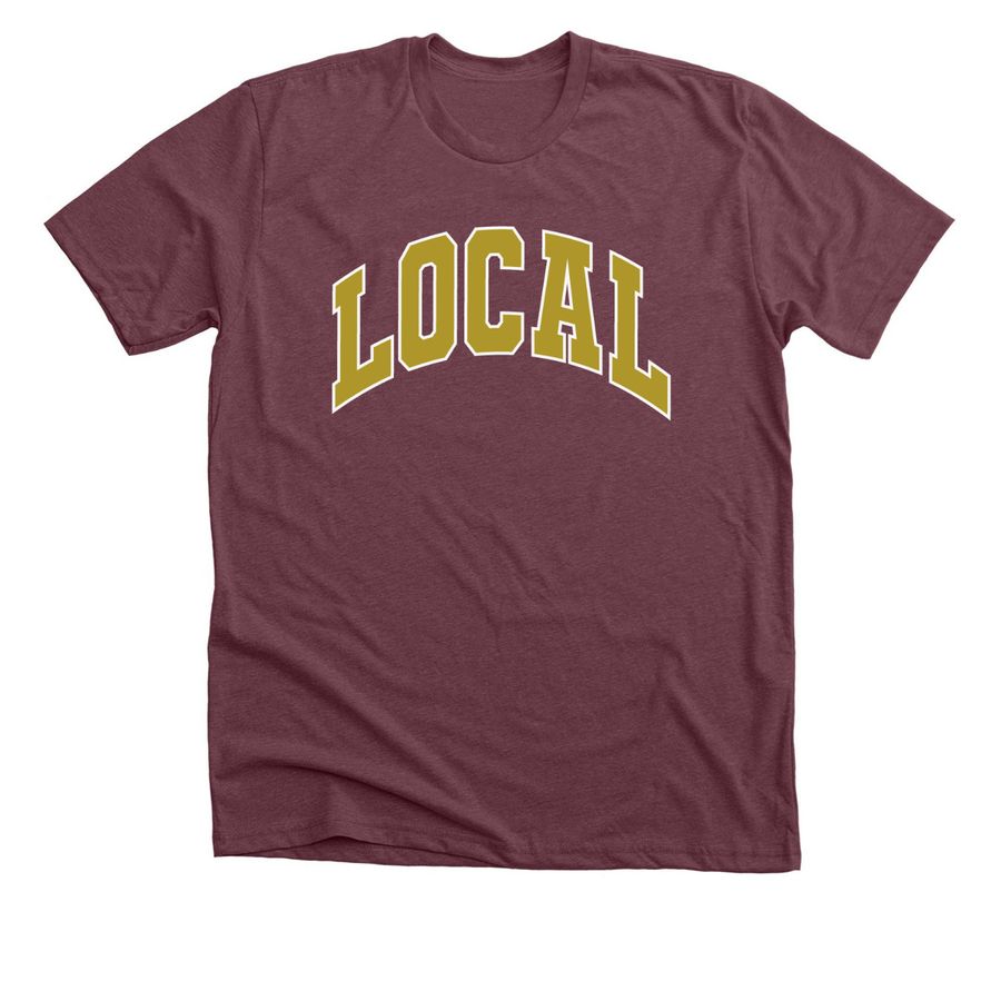 Local Varsity in Gold, a Heather Maroon Premium Unisex Tee