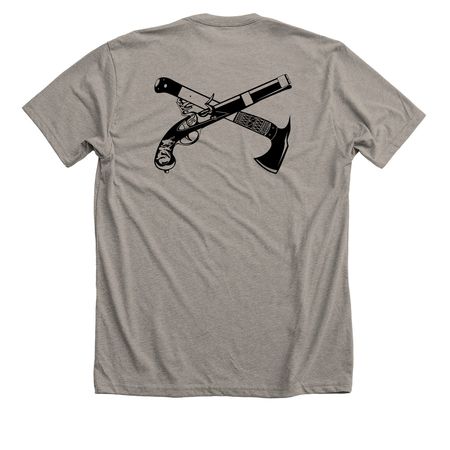 Bravo Front / Hatchet and Flintlock Back, a Heather Stone Premium Unisex Tee (back-view)