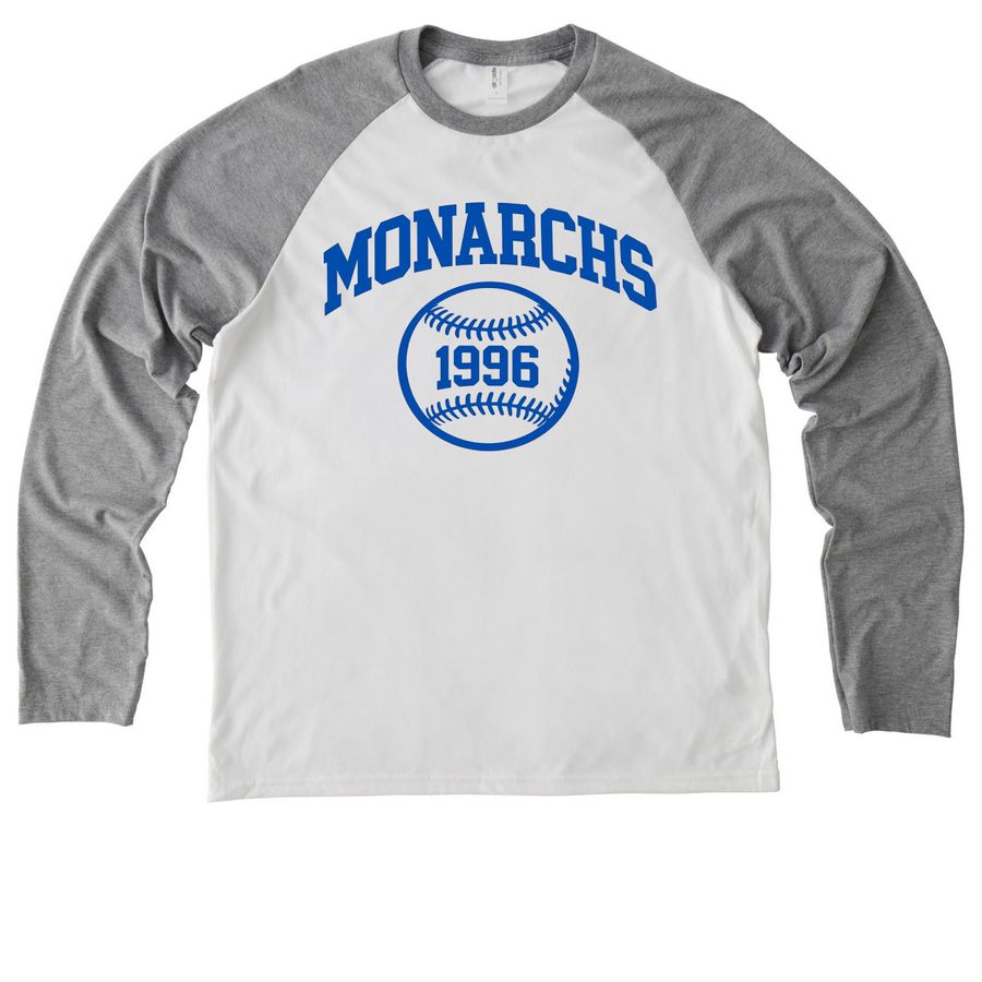 1996 MONARCHS, a Aluminum Grey/ Bright White Allmade Eco Triblend Colorblock Raglan Long Sleeve Tee