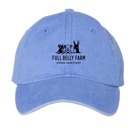 Full Belly Farm logo hats, a Periwinkle Printed Pigment Dye Baseball Cap