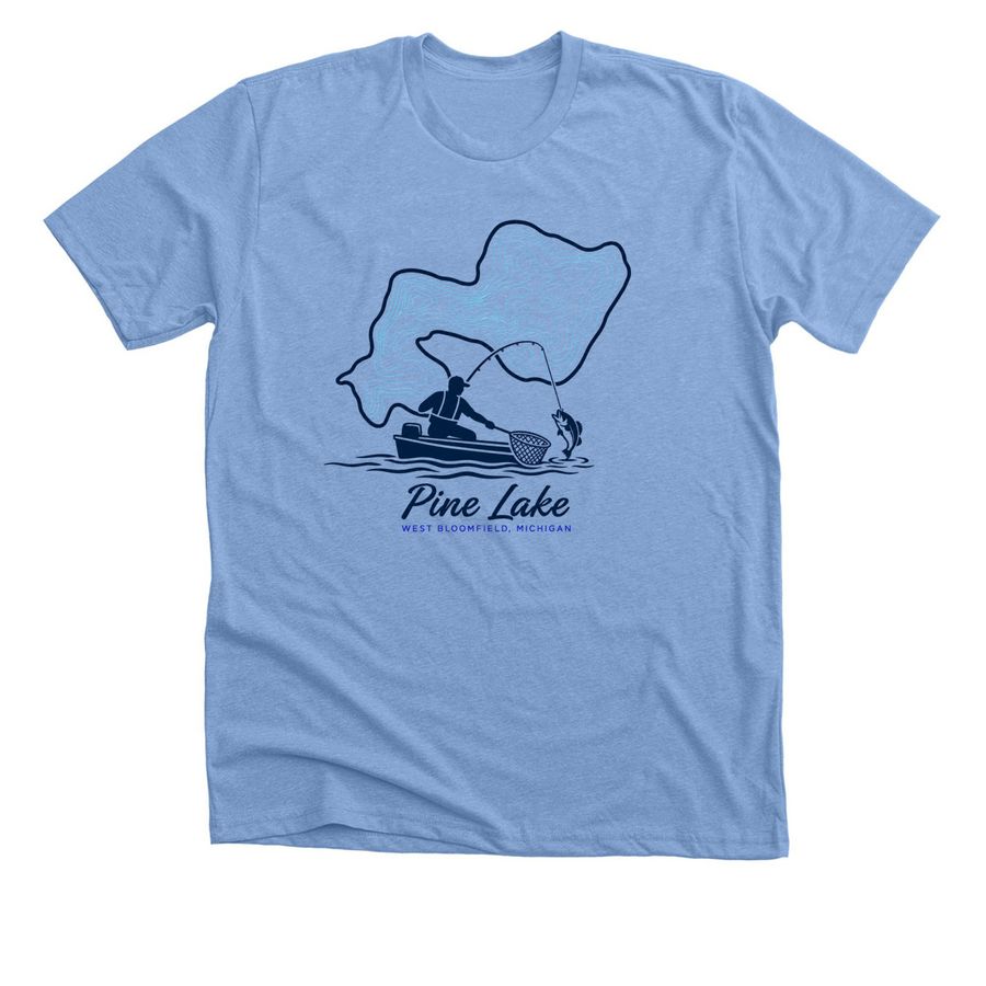Pine Lake Fishing, a Heather Carolina Blue Premium Unisex Tee