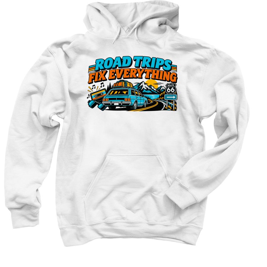 Official Road Trips Fix Everything Retro Car, a White Pullover Hoodie