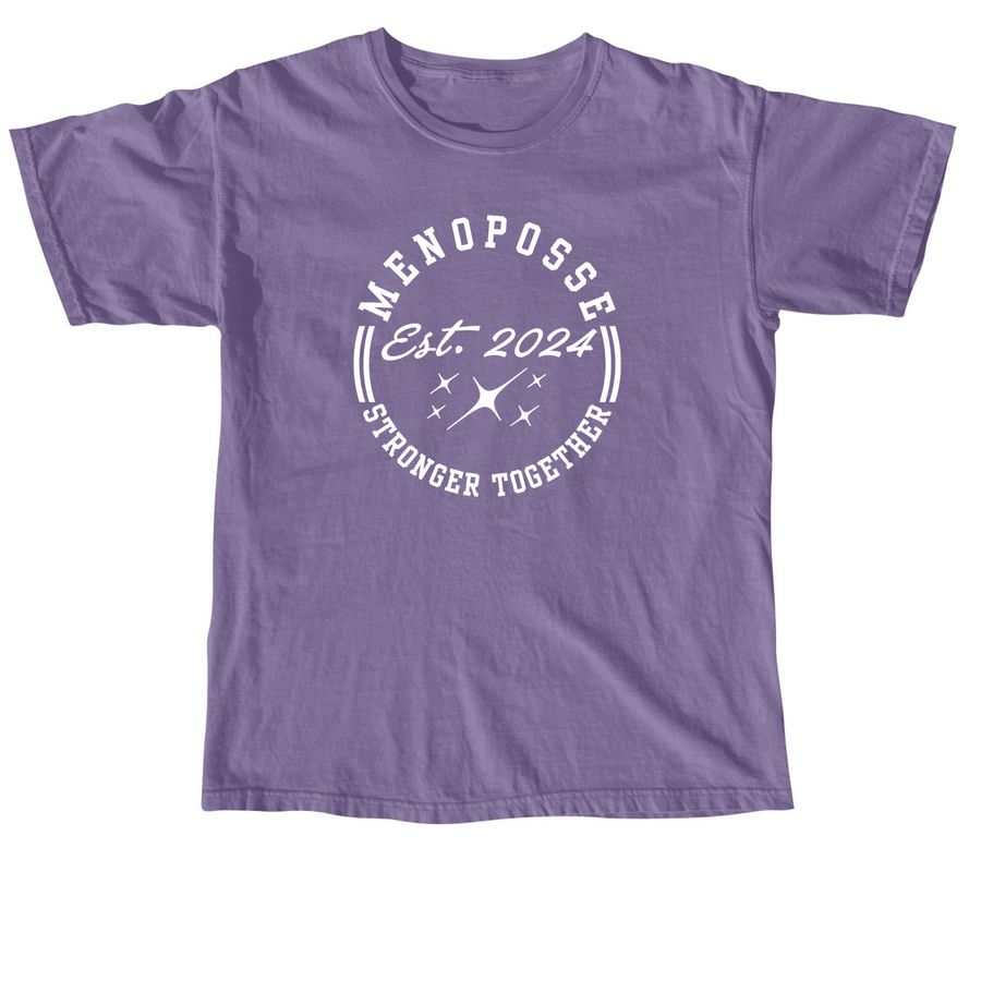 MenoPosse Two Year Anniversary (heart on back, a Grape Comfort Colors Unisex Tee