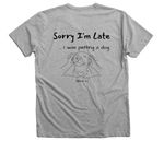Sorry I'm Late... I was petting a dog., a Athletic Heather Premium V-Neck Tee (back-view)