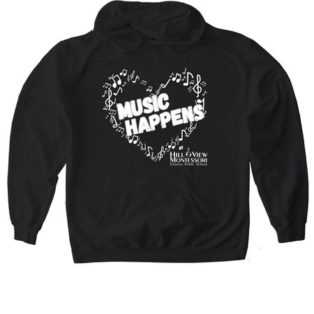 MUSIC HAPPENS, a Black Gildan Softstyle Pullover Hoodie