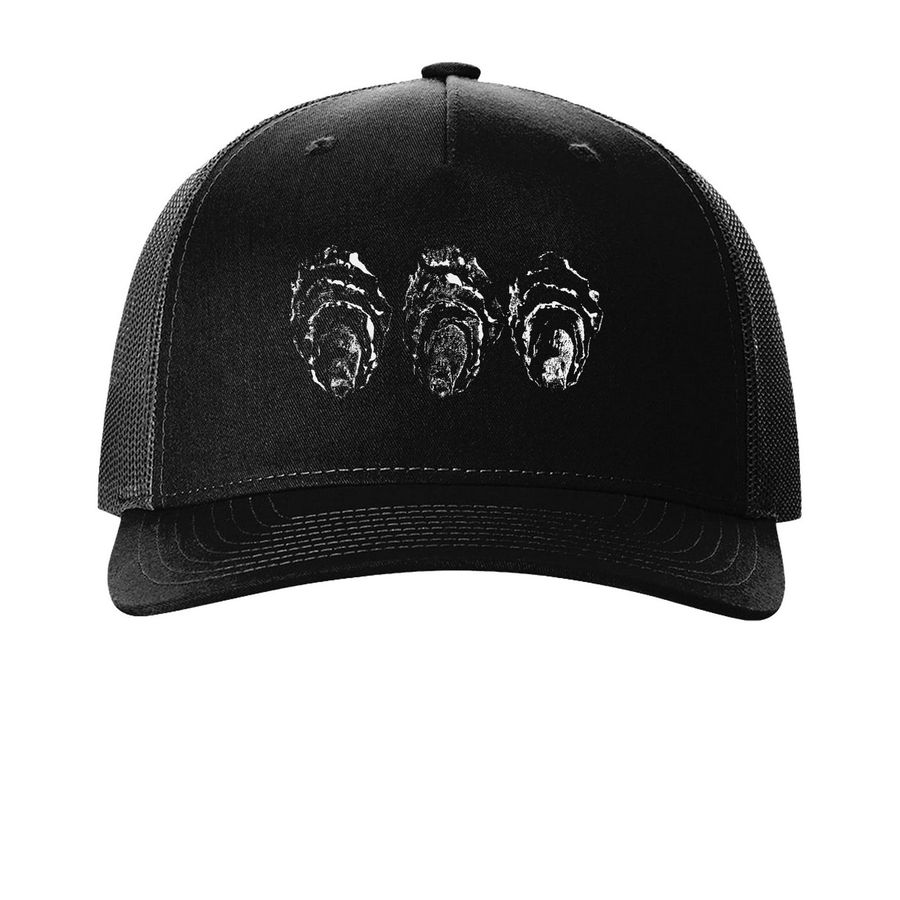 Oyster gyotaku trucker hats, a Black Printed Five-Panel Trucker Cap