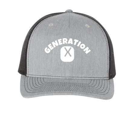 Generation X hat, a Heather Grey/ Black Printed Five-Panel Trucker Cap