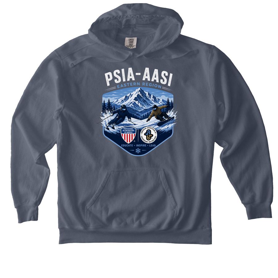 PSIA-AASI Eastern Region 2026 Shirts - front, a Denim Comfort Colors Pullover Hoodie