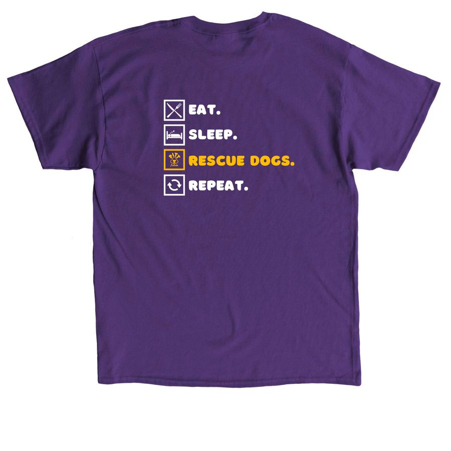 Eat, Sleep, Rescue Dogs, Repeat, a Purple Classic Unisex Tee (back-view)