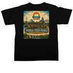 Peoria feeds Peoria, a Black Comfort Colors Unisex Tee (back-view)