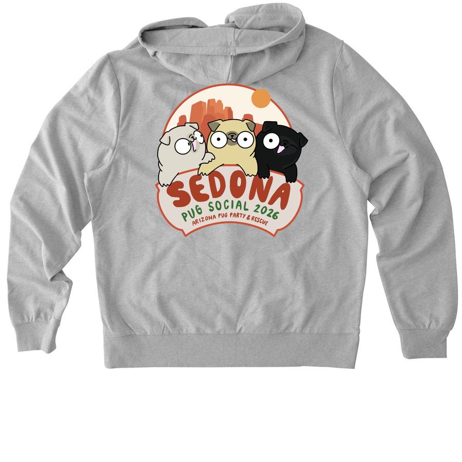 Sedona Pug Social 2026, a Granite Grey Heather Allmade Organic French Terry Zip Up Hoodie (back-view)