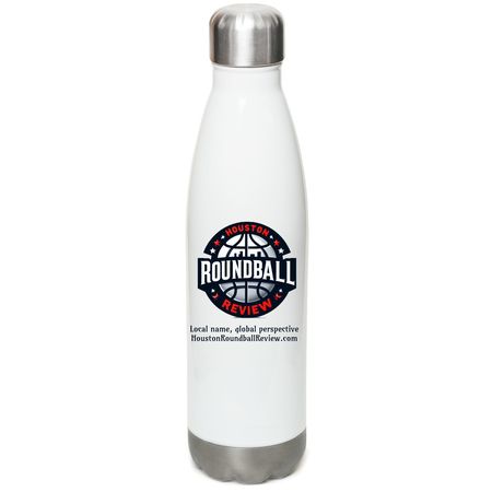 Houston Roundball Review water bottle, a White Stainless Steel Water Bottle (back-view)