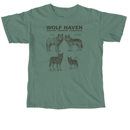 Wolf Haven's Canid Species, a Light Green Comfort Colors Unisex Tee