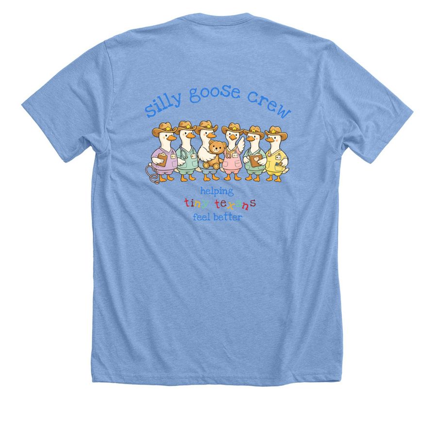Silly Goose Crew, a Heather Carolina Blue Premium Unisex Tee (back-view)