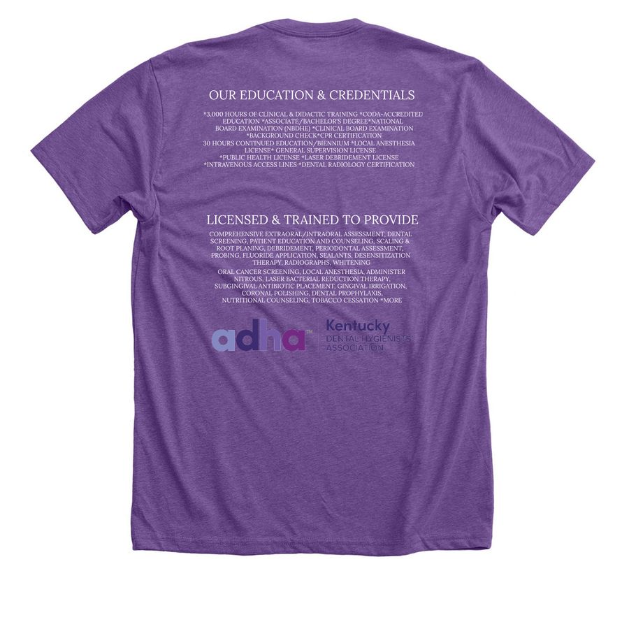 RDH Registered, Licensed & Essential, a Heather Team Purple Premium Unisex Tee (back-view)