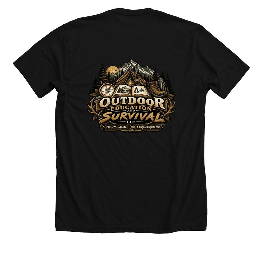 OUTDOOR EDUCATION AND SURVIVAL LLC FUNDRAISER, a Solid Black Blend Premium Unisex Tee (back-view)