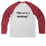 The Play That Goes Wrong Show Shirts!, a Rise Up Red/ Bright White Allmade Eco Triblend Colorblock Raglan Long Sleeve Tee (back-view)