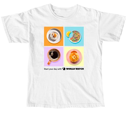 World Watch Breakfast Top, a White Comfort Colors Unisex Tee