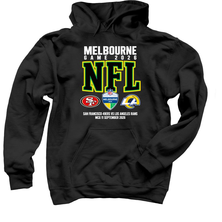 Official Rams Vs 49ers Matchup NFL Melbourne, a Black Pullover Hoodie