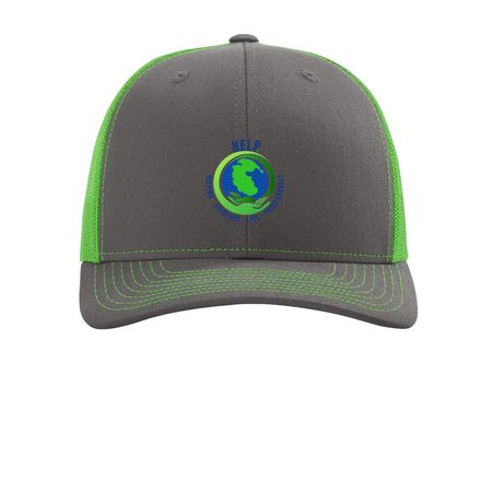 Hats with the HELP Logo, a Charcoal/ Neon Green Printed Snapback Trucker Cap