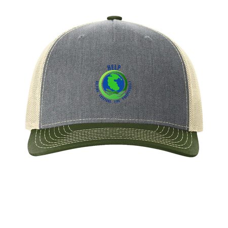 Hats with the HELP Logo, a Heather Grey/ Birch/ Army Olive Printed Five-Panel Trucker Cap