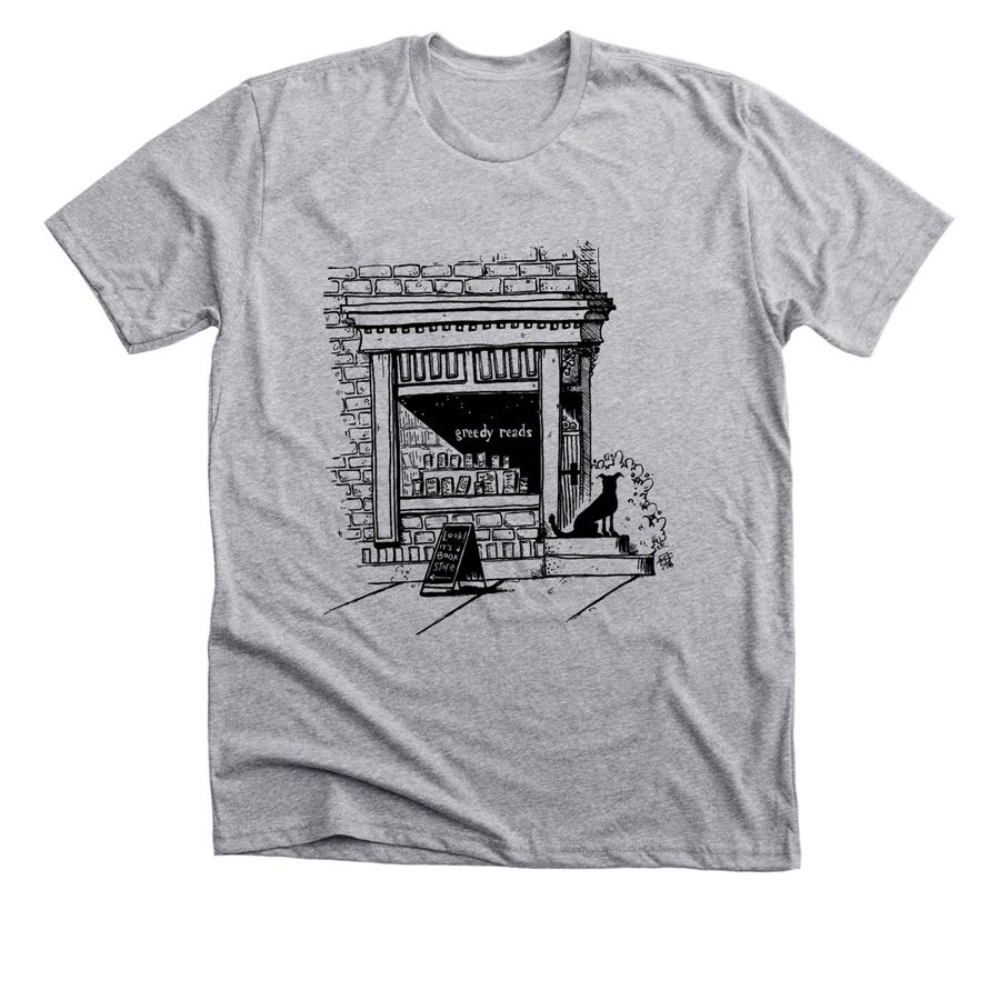 Greedy Reads Audie tee, a Athletic Heather Premium Unisex Tee