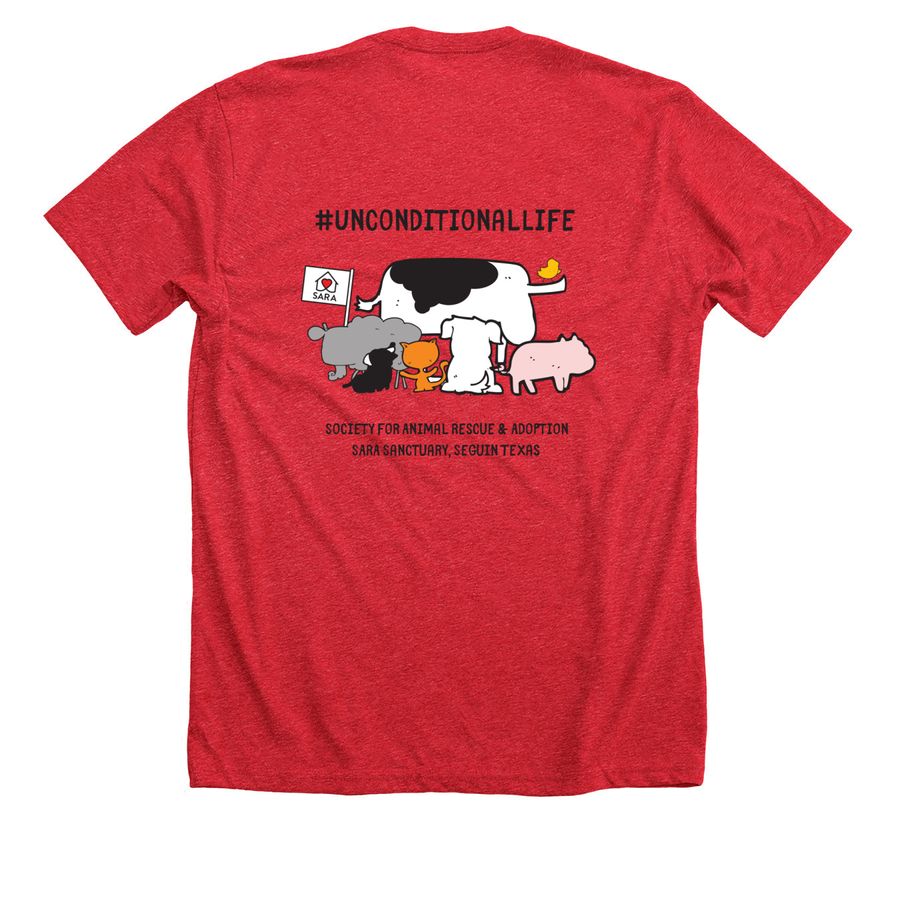 HELP SARA ANIMALS T-SHIRT&nbsp;, a Heather Red Premium Unisex Tee (back-view)