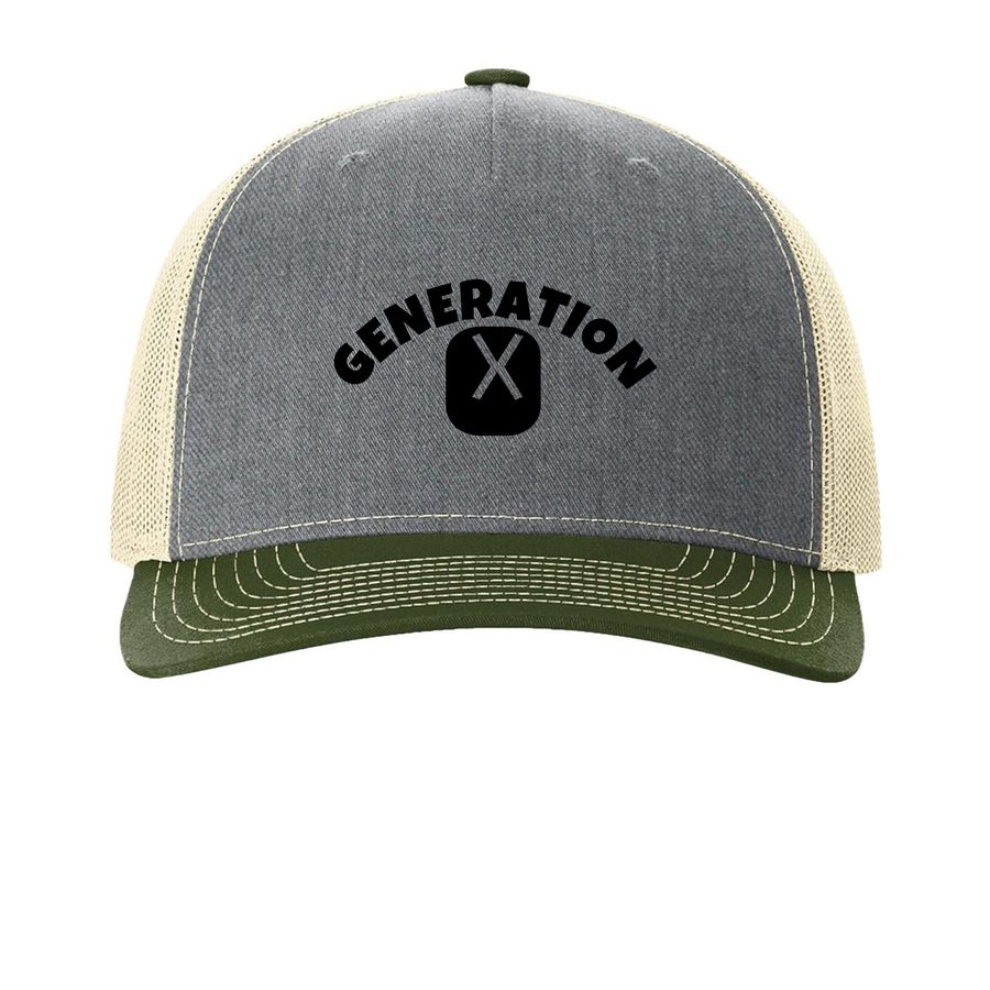 Gen X cap, a Heather Grey/ Birch/ Army Olive Printed Five-Panel Trucker Cap