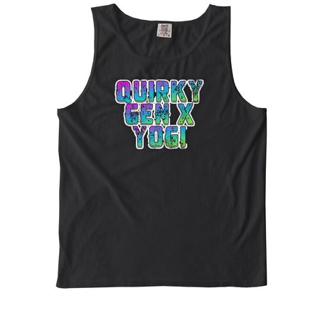 Quirky Gen X Yogi, a Black Comfort Colors Tank Top