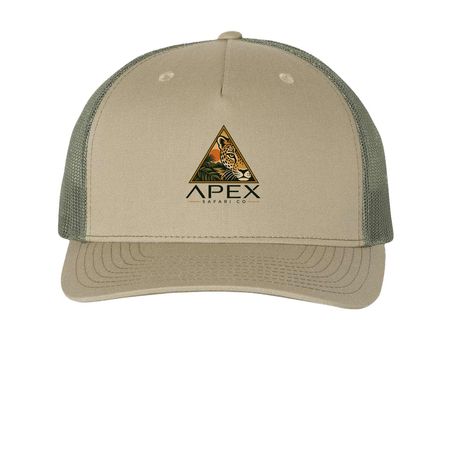 Apex Safari Co Hats, a Pale Khaki/ Loden Green Printed Five-Panel Trucker Cap