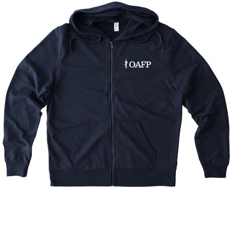 OAFP Logo Gear, a Night Sky Navy Allmade Organic French Terry Zip Up Hoodie