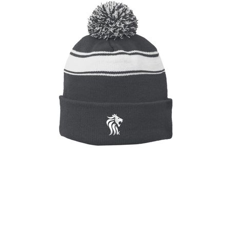 Lion Kingdom Beanies&nbsp;, a Iron Grey/ White Printed Stripe Pom-Pom Beanie